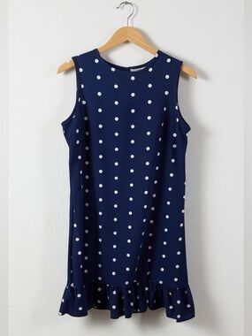 Navy Blue and White Polka Dot Round Neck Sleevekess Mini Dress with Ruffle Hem